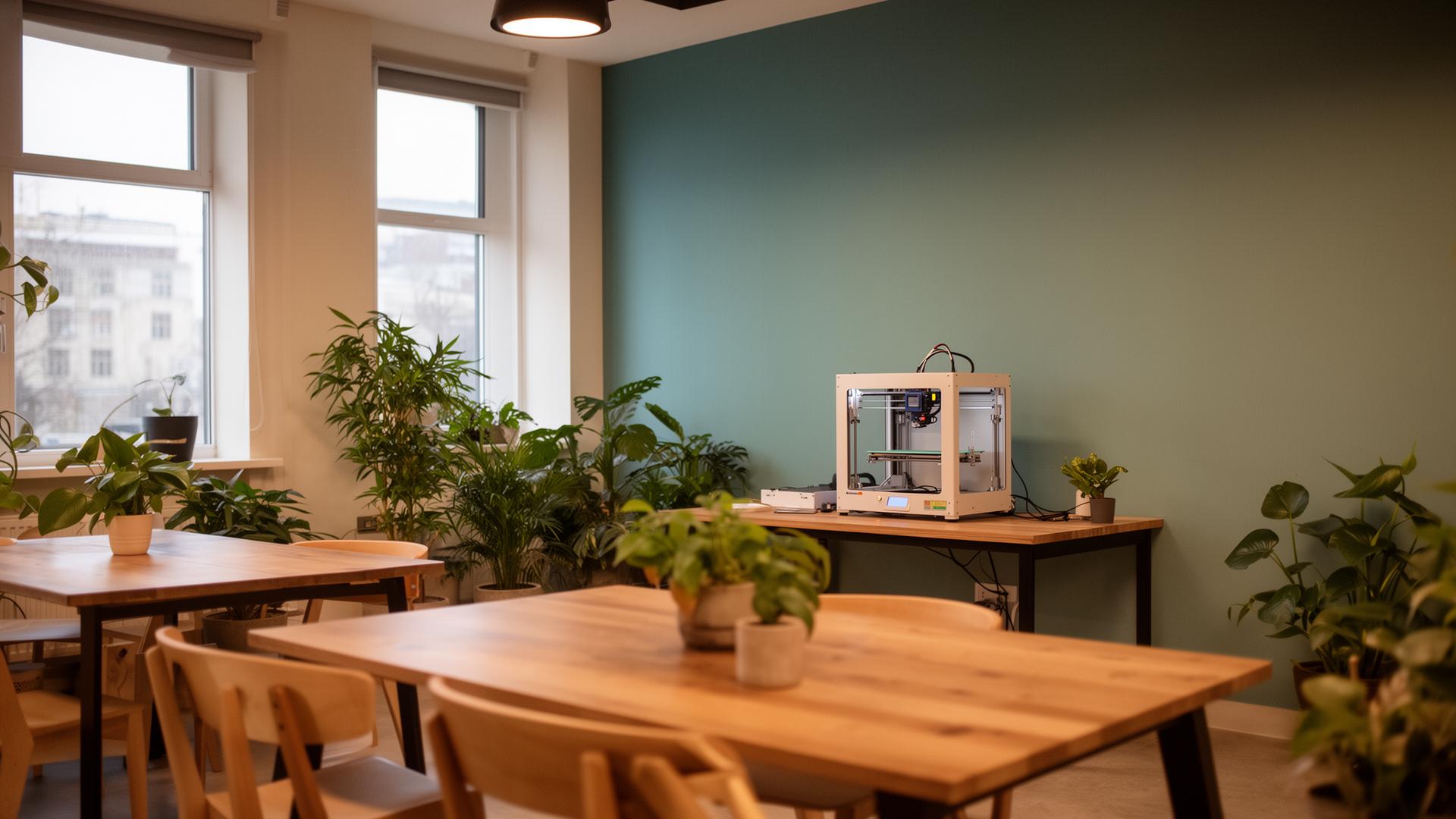 Calm, modern learning space at Summit AP with workshop tables and a 3D printer